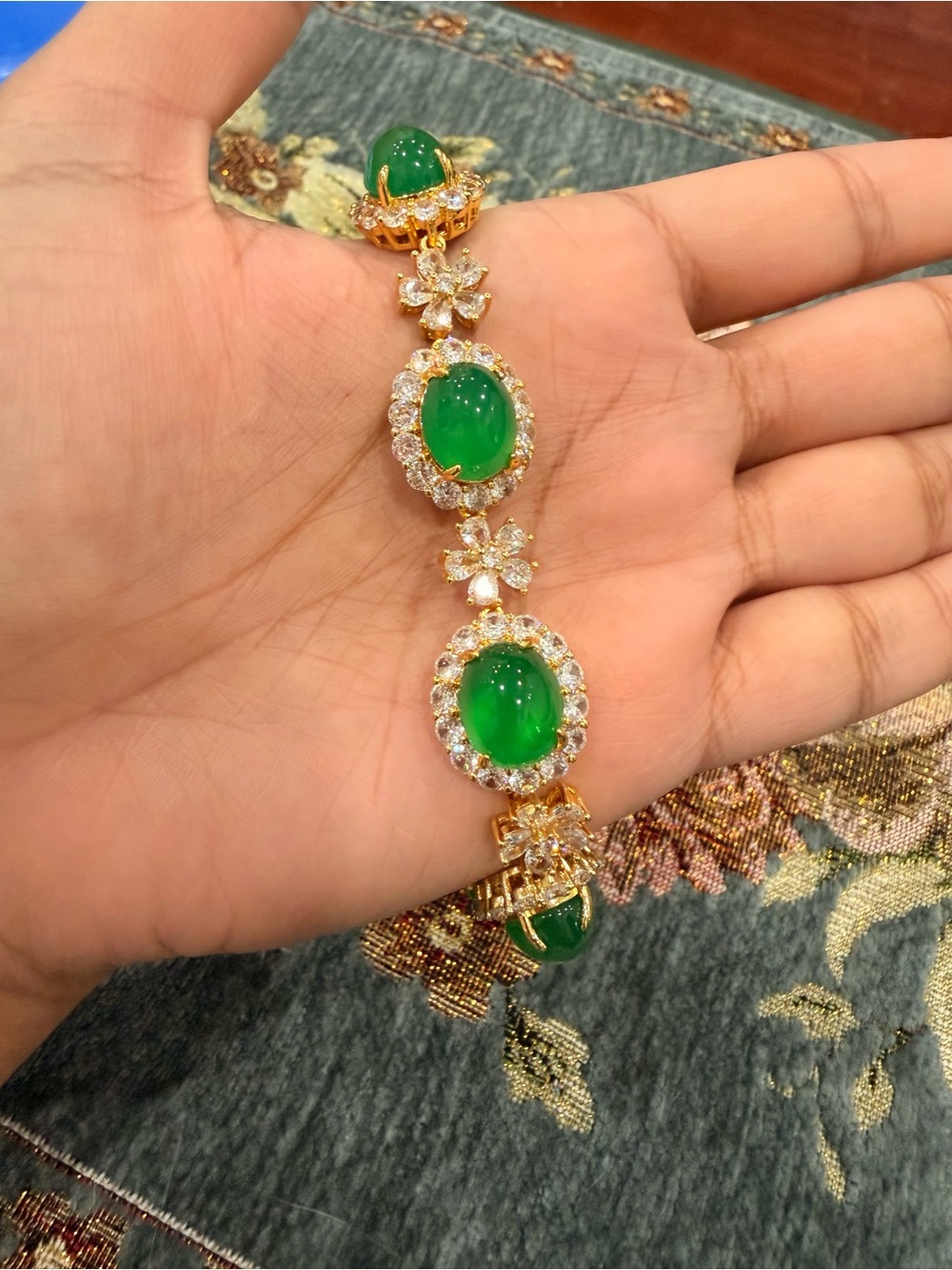 Gold-Plated Green Gemstone Floral Bracelet